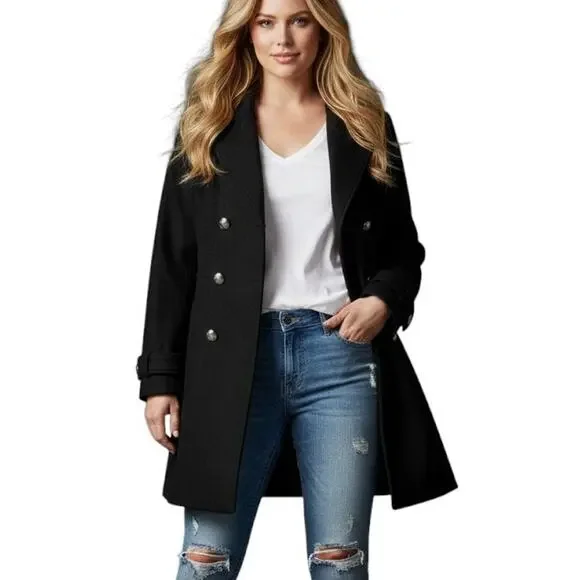 Tommy Hilfiger Womens Peacoat Wool Blend Sailor Coat Double Breast Lined Blk XL - Picture 1 of 16